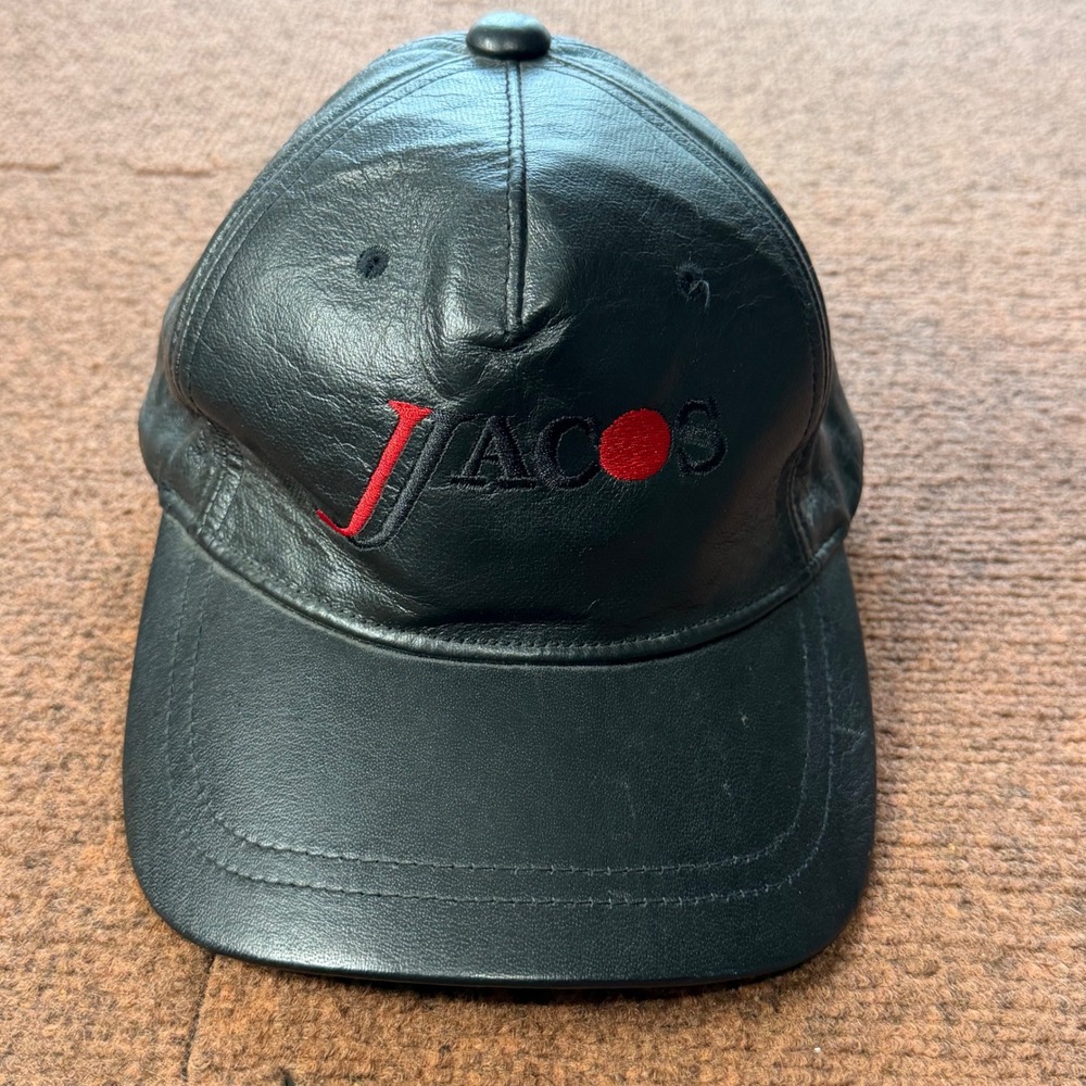 AJM International Black Leather Baseball Cap Jacos Embroidered Logo Hat 0850/8M
